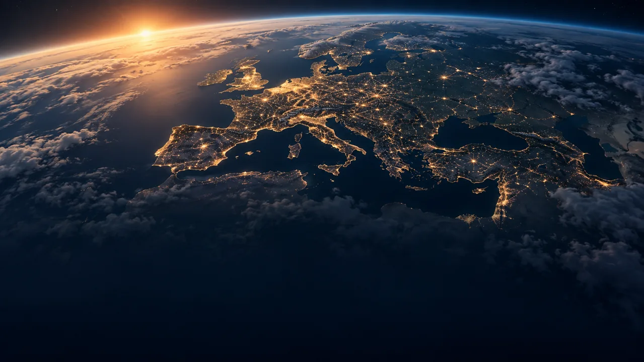 Sunrise view of Europe from above with connected city lights