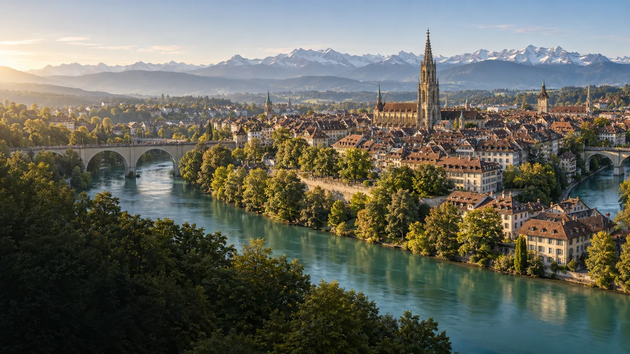 Bern old town beside the Aare river with the Alps behind